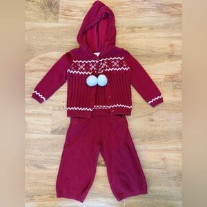 Janie and Jack Red Knit Hooded Sweater & Pants Set with White Pom Poms